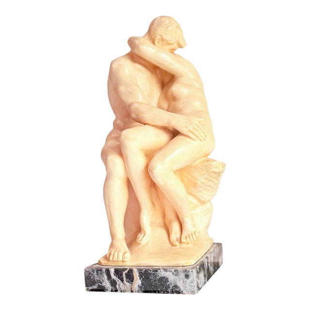 “The Kiss” Alabaster Sculpture by G. Ruggeri, After Rodin, on Marble Base For Sale