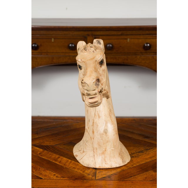 Beige 1940s American Carved Wooden Horse Head Fragment with Weathered Patina For Sale - Image 8 of 10
