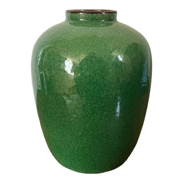 Antique Chinese Monochrome Green Porcelain Vase With Crackle Glaze For Sale