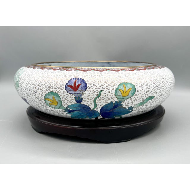 Large Cloisonné Floral Bowl With Peony Motif on Carved Wood Stand — Chinoiserie / Asian Traditional For Sale - Image 11 of 18