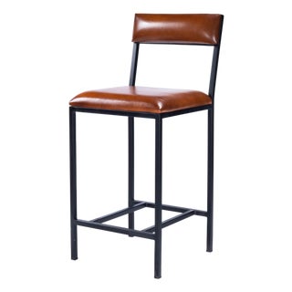 Lazarus 27 in. Seat Height Leather and Metal Counter Stool, Industrial Chic For Sale