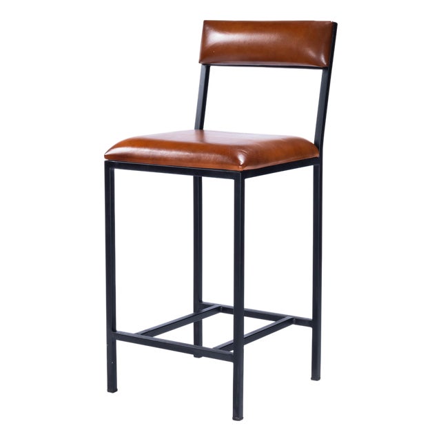 Lazarus 27 in. Seat Height Leather and Metal Counter Stool, Industrial Chic For Sale