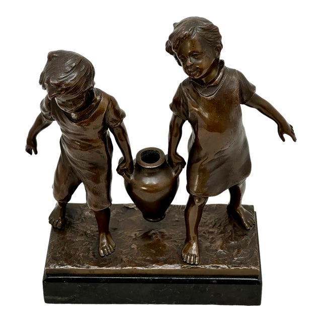 Very Cute Antique French Bronze Children With Amphora Figure by Noted Italian Sculptor Paolo Ferrari - Circa Early 1900ss For Sale