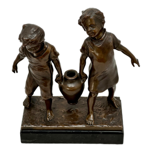Very Cute Antique French Bronze Children With Amphora Figure by Noted Italian Sculptor Paolo Ferrari - Circa Early 1900ss