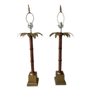 Coastal Gold and Brown Wood and Metal Palm Tree Lamps by Raymond Waites for Tyndale Set of 2