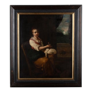 Early 19th Century Oil on Canvas Painting of Young Woman With Bird For Sale