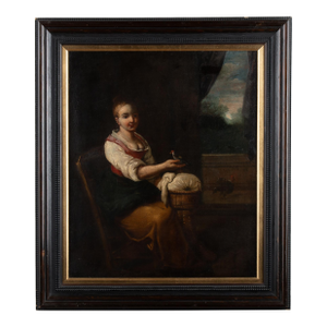 Early 19th Century Oil on Canvas Painting of Young Woman With Bird