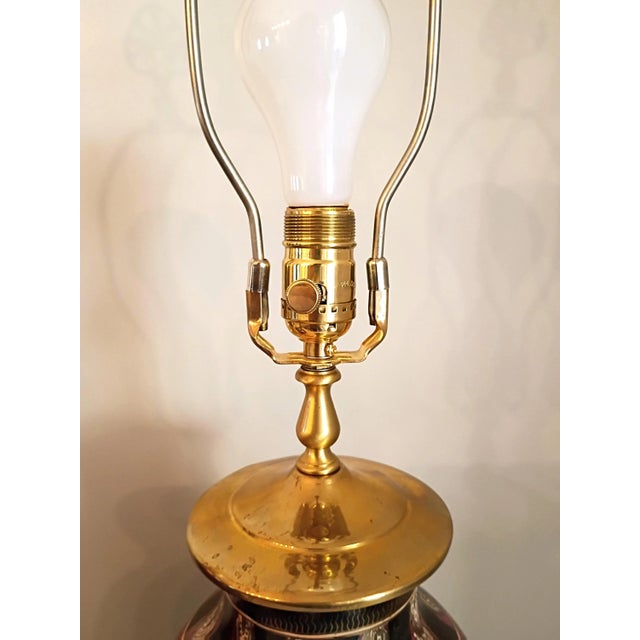 1980s Wescal Lamp Company Burgandy and Black Chinoiserie Table Lamps Set of Two W/ Imperial Pagoda Shades For Sale - Image 13 of 17