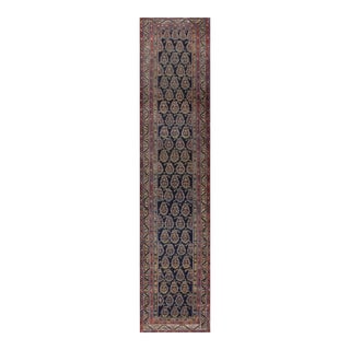 1900s Navy Blue Antique Paisley Boteh Tribal Malayer Hallway Runner Rug For Sale