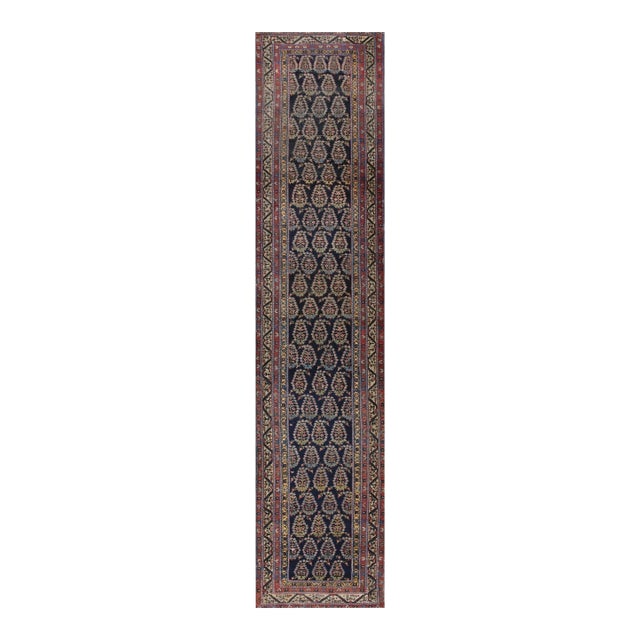 1900s Navy Blue Antique Paisley Boteh Tribal Malayer Hallway Runner Rug For Sale