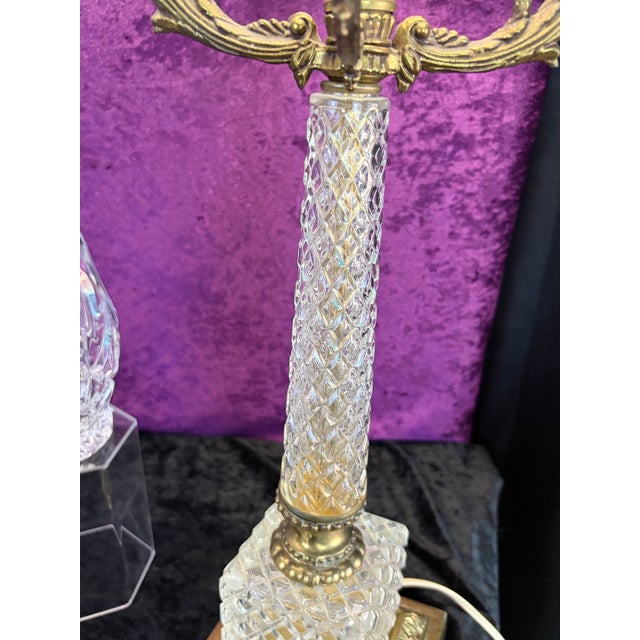 Mid 20th Century Hollywood Regency Crystal & Brass Four‑Arm Candelabra Lamps With Black Fringe Shades — A Dramatic Pair For Sale - Image 11 of 12