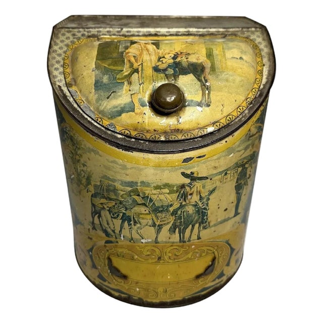 Antique Tin Litho General Store Canister: Spanish Mexico Theme For Sale