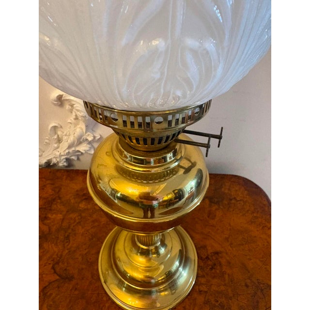 Antique Edwardian Brass Oil Lamps with Opaline Glass Shades, 1900, Set of 2 For Sale - Image 9 of 10
