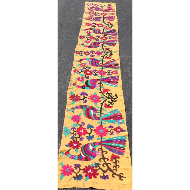 Antique Uzbekistan Suzani Runner With Colorful Peacock and Botanical Design For Sale In Atlanta - Image 6 of 14