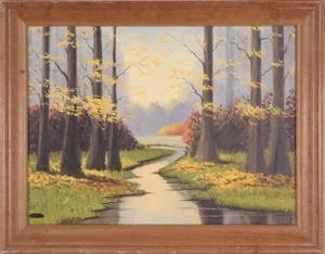 1960s "Stream in Autumn" Landscape Oil Painting by Lylia T. Shackelford, Framed