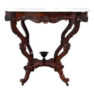 Oversized Antique Rococo Revival Floral Carved Walnut Marble Turtle Top Table For Sale