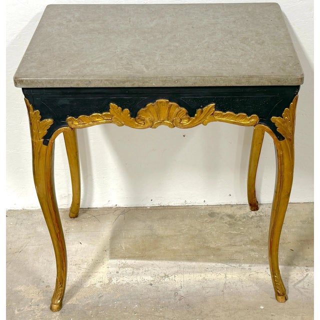 A Near Pair of 18th Century Italian Neoclassical Gilt and Polychromed Marble Tables, Imported from Italy to the United...