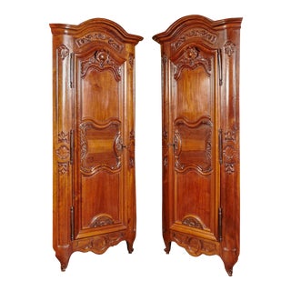 18th Century Louis XV Walnut Carved Doors Corner Cabinets From Lyon - a Pair For Sale