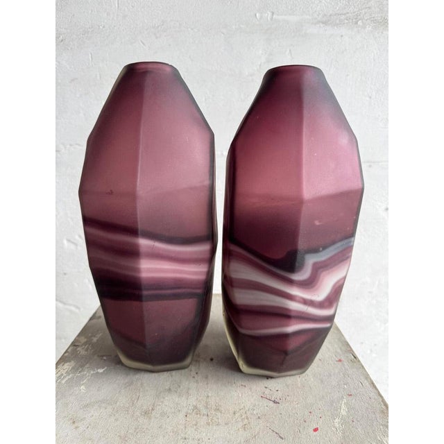 Amethyst and White Swirl Glass Vases, Set of 2 For Sale - Image 5 of 9
