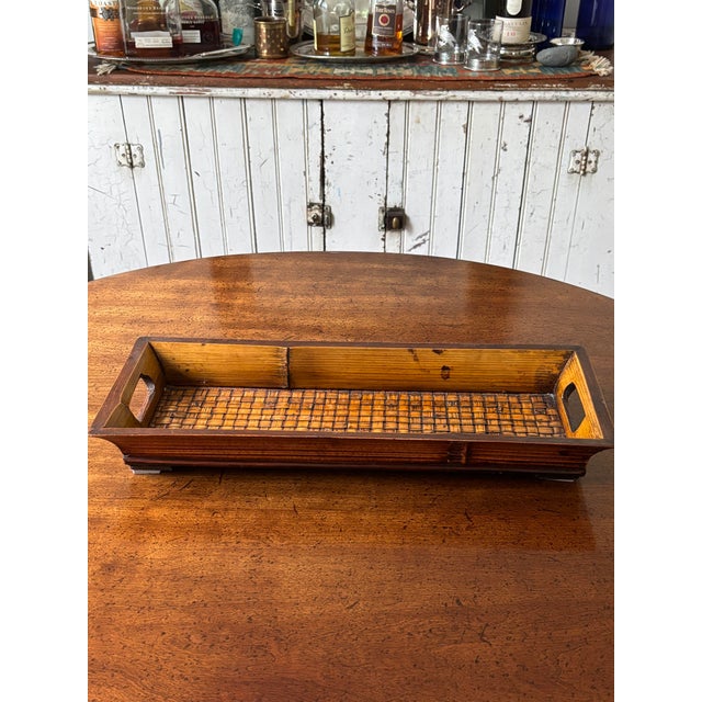 Late 20th Century Vintage Wooden Platter Woven Bamboo Long Bar Tray 17.5" For Sale - Image 5 of 8