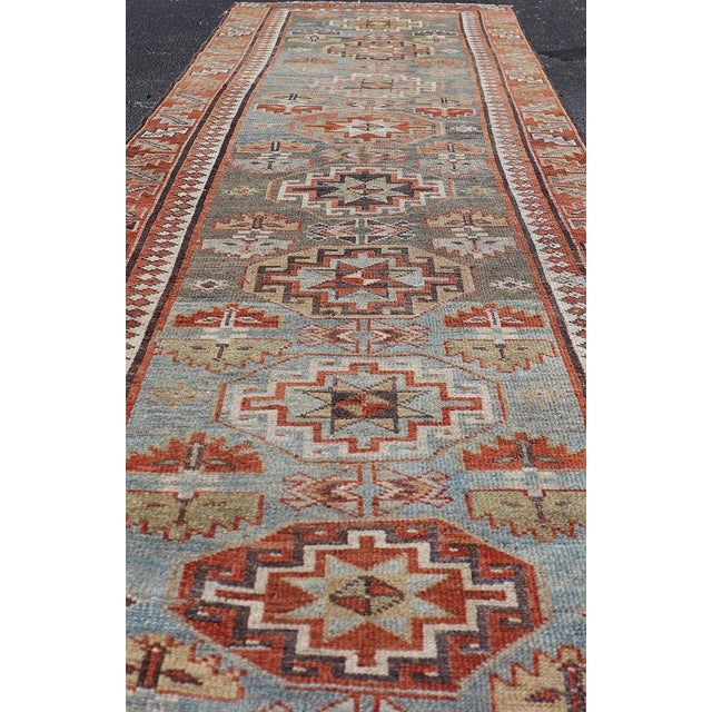 Antique Persian Serapi Runner, Light Blue and Rust Geometric Design 2'8" X 9'8" For Sale In Atlanta - Image 6 of 10