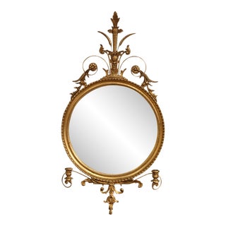 Mid-Century Round Giltwood Wall Mirror With Candle Holders For Sale
