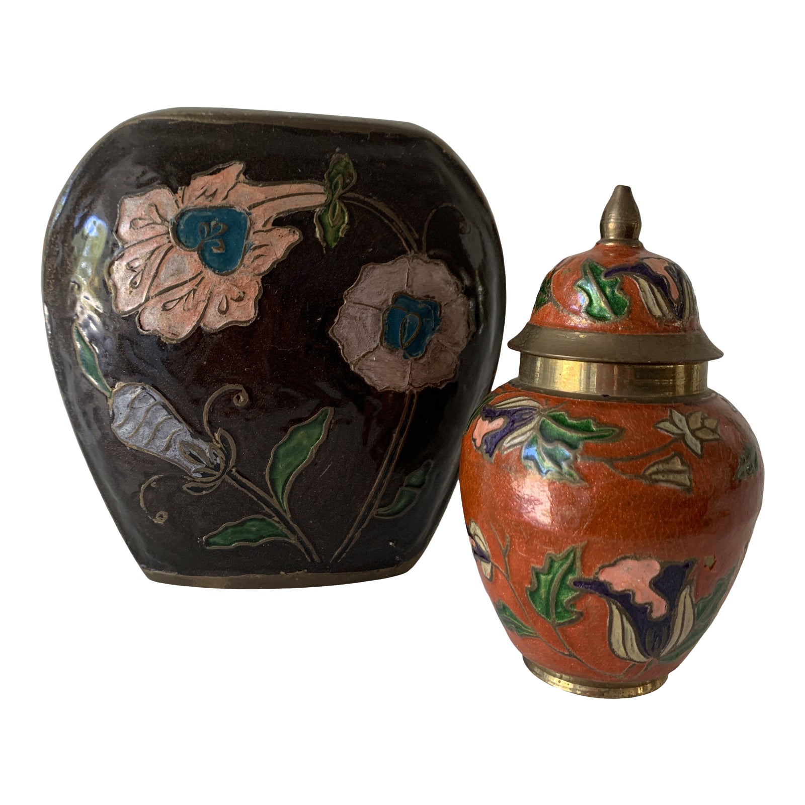 Vintage Enameled Brass Vase & Jar Pair Chairish