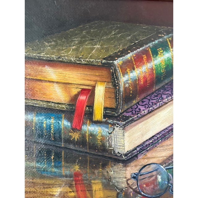 Late 20th Century Framed Oil on Canvas "Libros Y Gafas" - "Books and Glasses" by Florencio Barandiaran Maza, Late 20th Century For Sale - Image 5 of 8