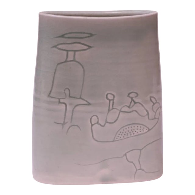 1976 Studio Stoneware Pale Green Abstract Vase Signed Pollack For Sale