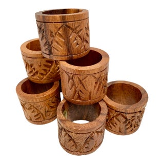 Vintage Tiki Style Wood Carved Napkin Rings, Set of Eight For Sale