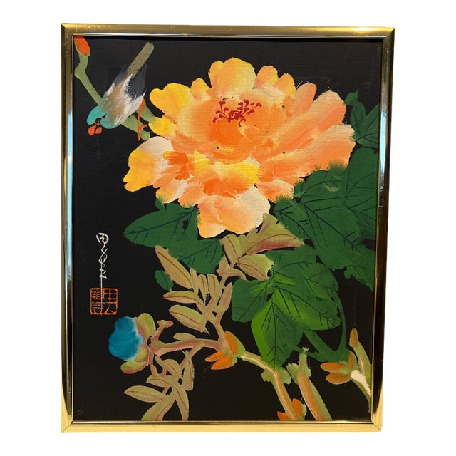 Original Traditional Chinese "Flower and Bird" Oil Painting in a Modern Brass Frame For Sale