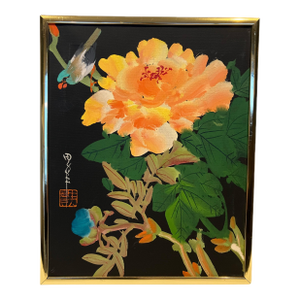 Original Traditional Chinese "Flower and Bird" Oil Painting in a Modern Brass Frame