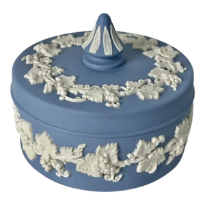 Wedgwood Blue Jasperware Round Acanthus Trinket Box Candy Dish