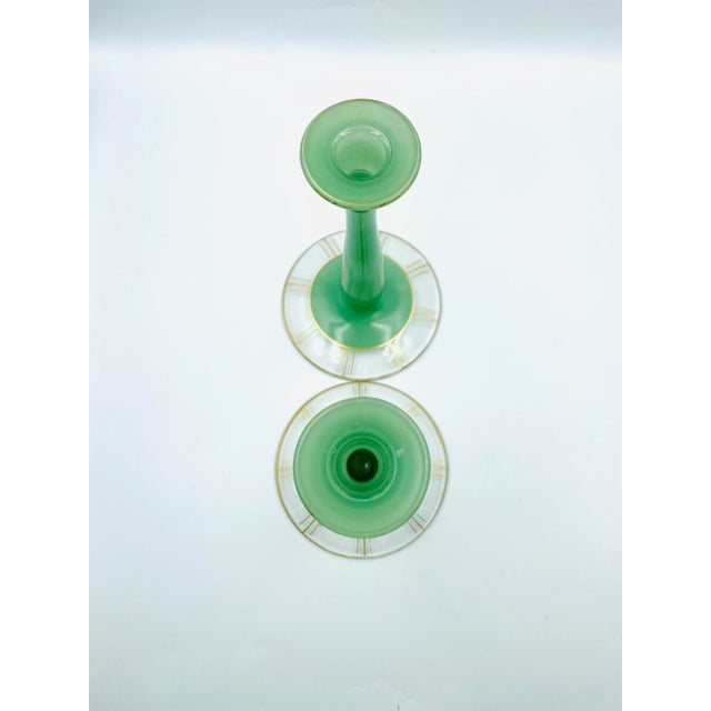 Early 20th Century Early 20th Century Art Deco Jadeite-Style Candle Holders With Chronograph Gold Leaf Motif - a Pair For Sale - Image 5 of 12