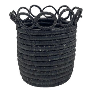 Hand-Woven Black Hooped Raffia Basket Cup, by Kazi Goods For Sale