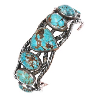 6 7/8" Vintage Native American Twisted Silver Wire Cuff Bracelet Nice Turquoise For Sale