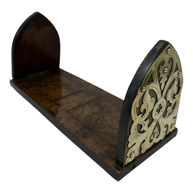 Antique Vintage English Burl Walnut Wooden Brass Inlaid Book Slide Bookslide 19c For Sale