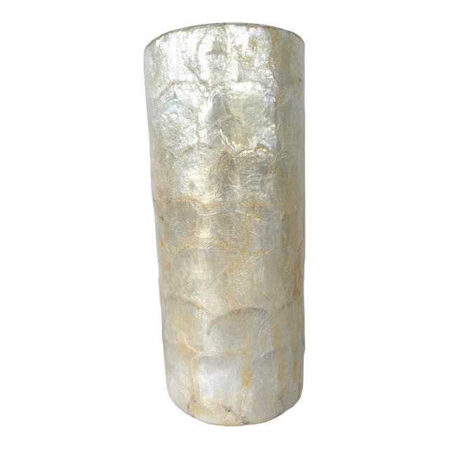 1990s Handcrafted 11-Inch Capiz Shell Cylinder Table Lamp For Sale