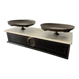 Antique French Bruyat Lyon Marble Top Kitchen & Culinary Balance Scale Ebonized Base and Brass Pans For Sale