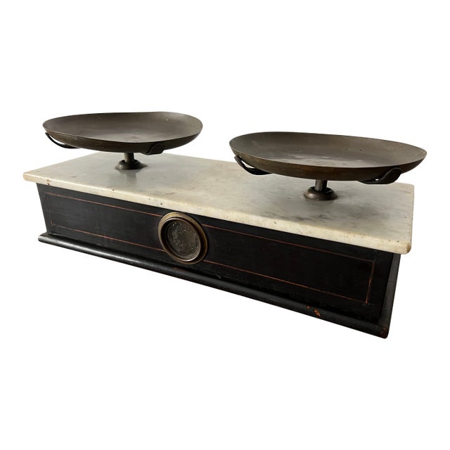 Antique French Bruyat Lyon Marble Top Kitchen & Culinary Balance Scale Ebonized Base and Brass Pans For Sale