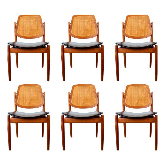 Danish Model FD 187 Chairs in Teak, Cane and Leather by Arne Vodder for France & Son, 1956, Set of 6 For Sale