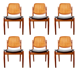 Danish Model FD 187 Chairs in Teak, Cane and Leather by Arne Vodder for France & Son, 1956, Set of 6
