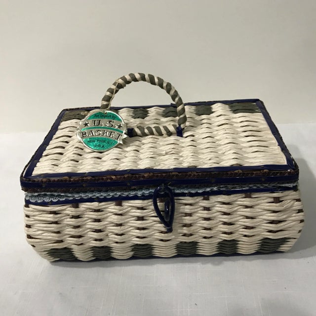 Small Vintage Blue and White Sewing Basket For Sale - Image 13 of 13