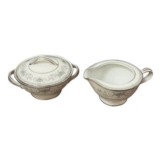 1960s Noritake “Colburn” Cream & Sugar Set – White, Silver & Blue Floral, Japan For Sale