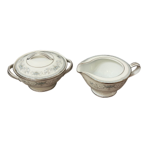 1960s Noritake “Colburn” Cream & Sugar Set – White, Silver & Blue Floral, Japan