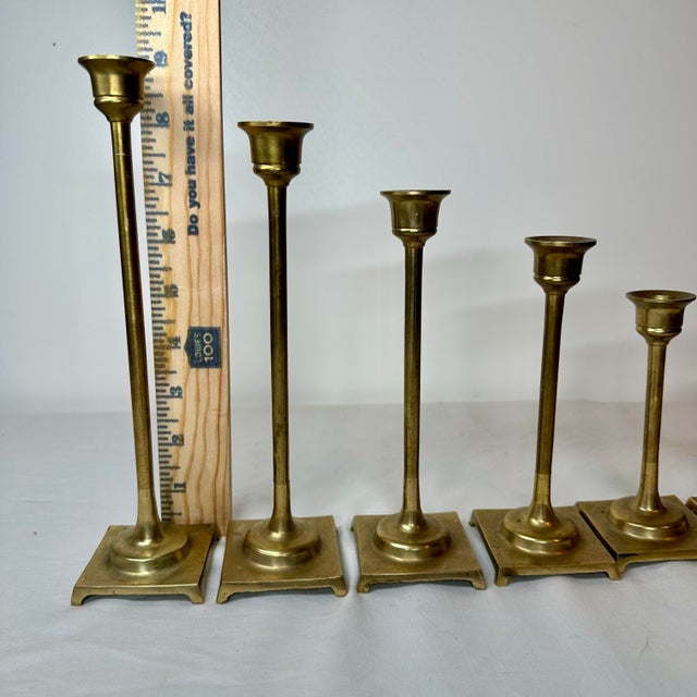 Vintage Brass Tulip Candlestick Set of 7 Graduated Heights 3"-9" MCM Square Base For Sale - Image 10 of 12