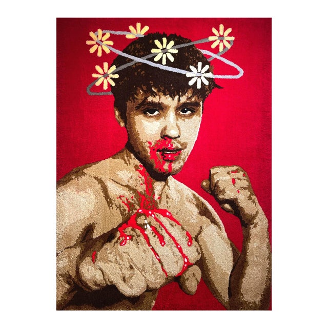 Cedric Vu "Phosphenes" Large Tufted Yarn Self Portrait, Boxer Figure, Daisy Halo, Deep Red, Contemporary California Textile Art, Pop Art, 2025 For Sale