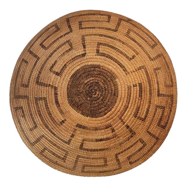 Mid 20th Century Large Hand Woven Greek Key Pattern Basket For Sale