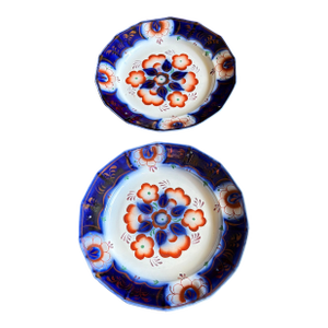 Antique Gaudy Welsh Crescent Pinwheel Flow Blue Plates, a Pair, Circa 1840s