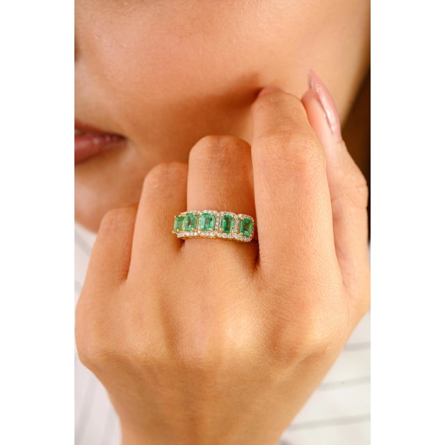 5 Octagon Cut Emerald Halo Diamond Ring Size 6.5 For Sale - Image 11 of 15
